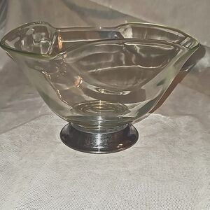 Vintage Clear Glass Art Deco Serving Bowl-Silver Plate Bottom Rim-Curved